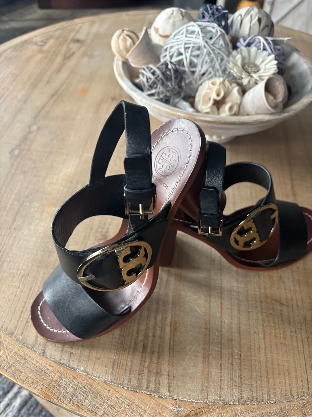 Tory Burch Black Leather Block Heel Sandals with Gold Emblem
